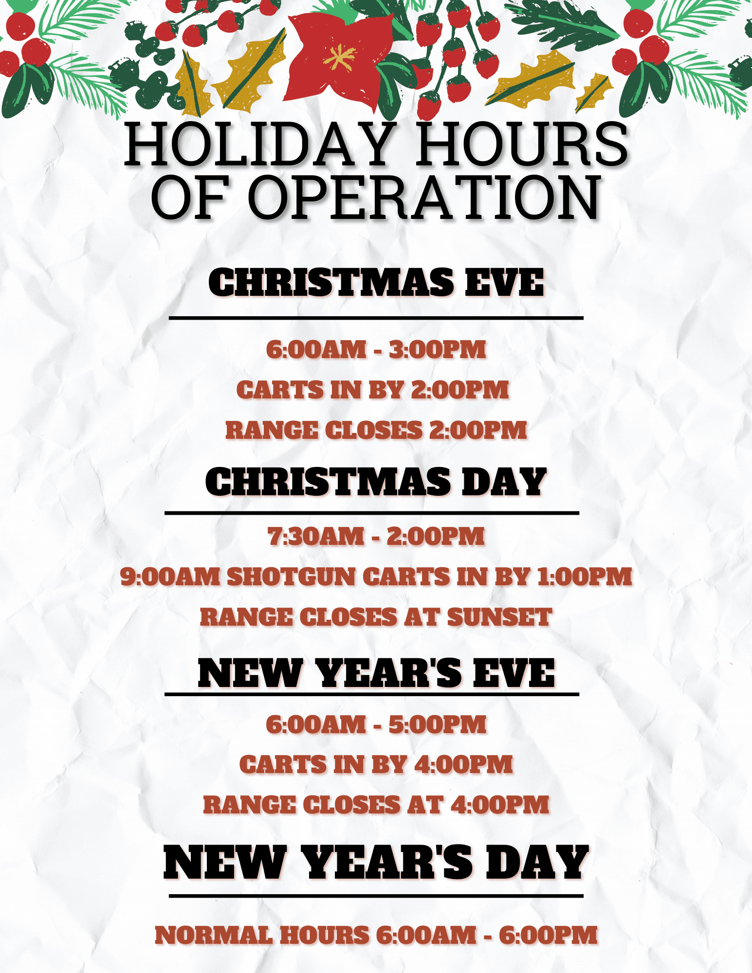 Holiday Hours of Operation 2022