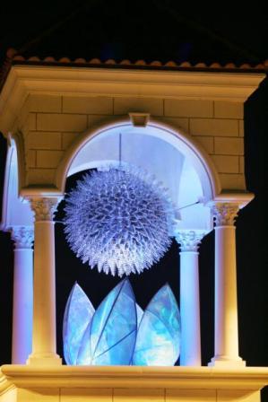 Abstract design inside column structure with spiked sphere and floral pedals